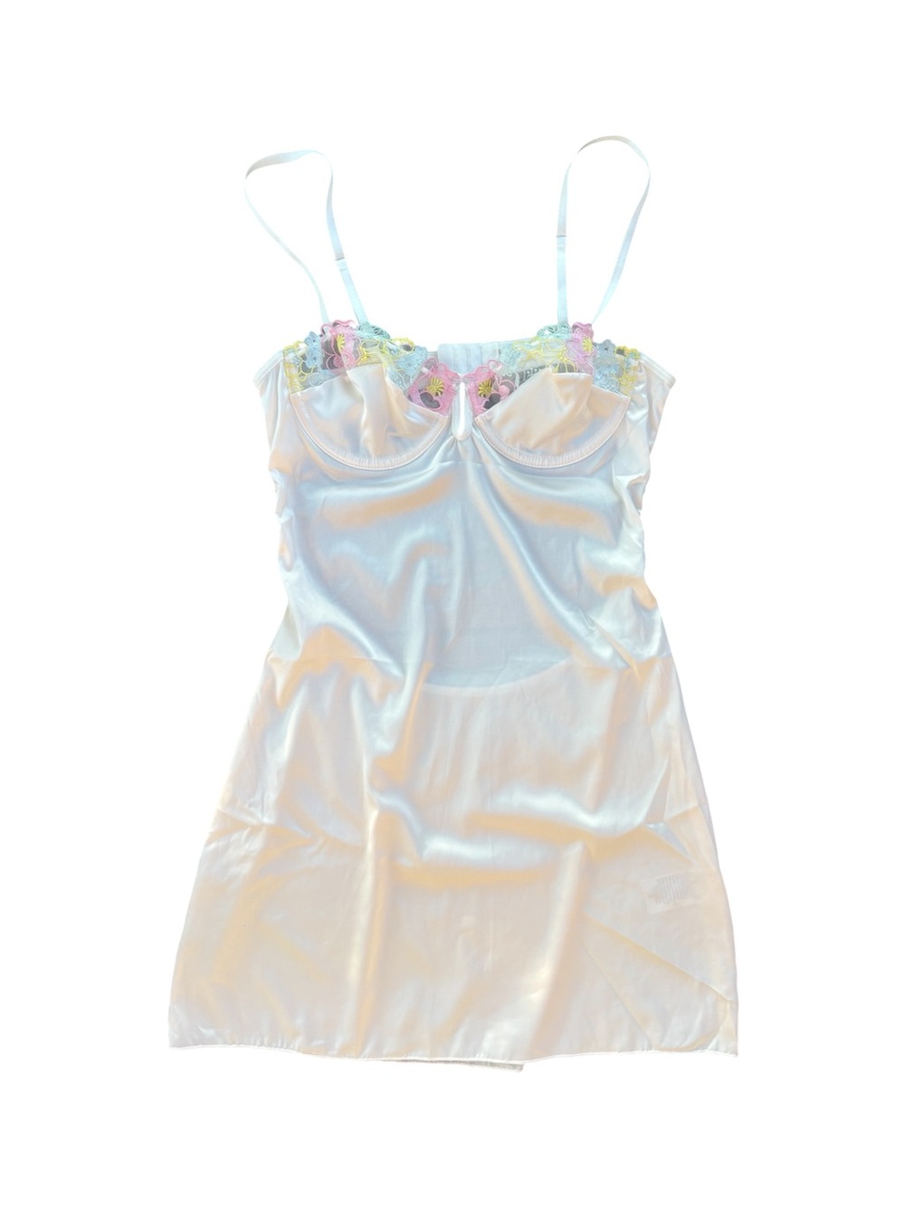 Vintage White Satin Chemise Pastel Floral Embroidery XXS